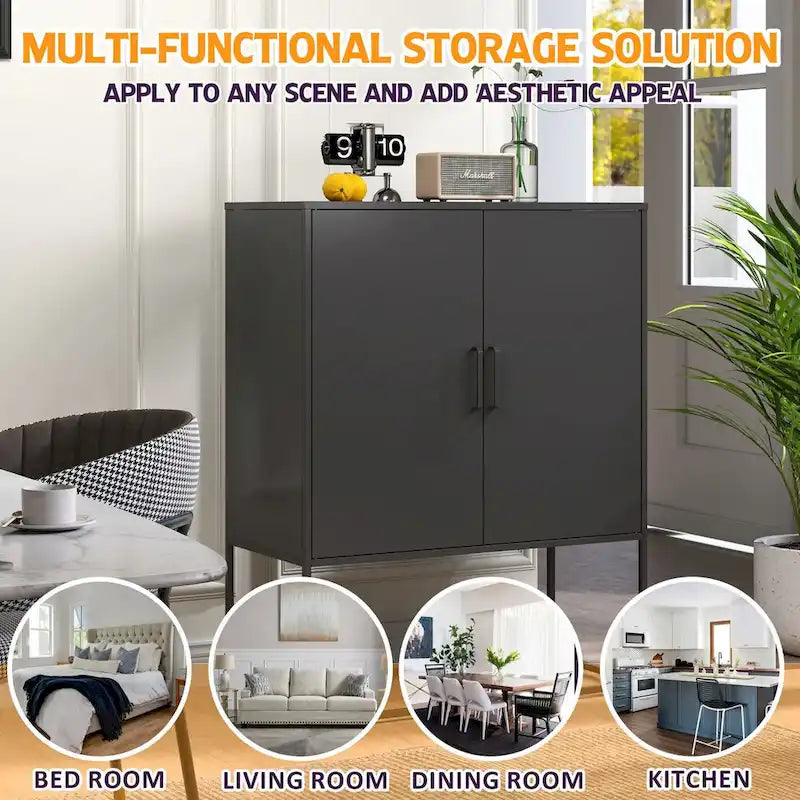 Heavy Duty Metal Buffet Sideboard Modern Steel Storage Cabinet with 2 Shelves, Free Standing