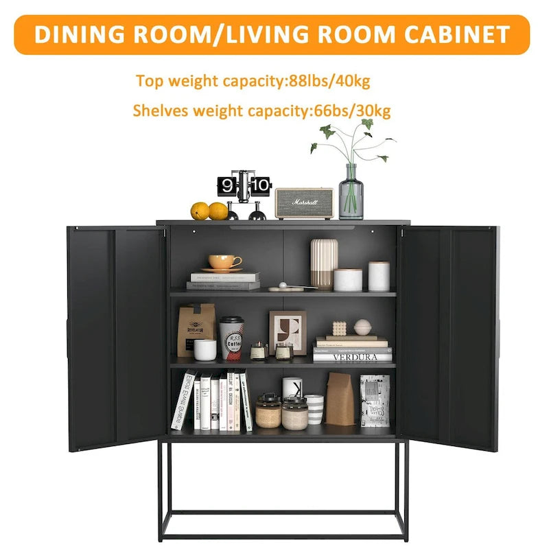 Heavy Duty Metal Buffet Sideboard Modern Steel Storage Cabinet with 2 Shelves, Free Standing