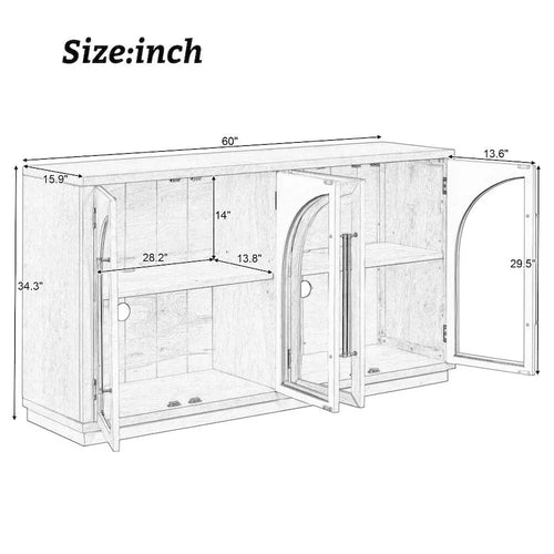 4-Door Large Storage Retro Sideboard with Metal Handles and Adjustable Shelves