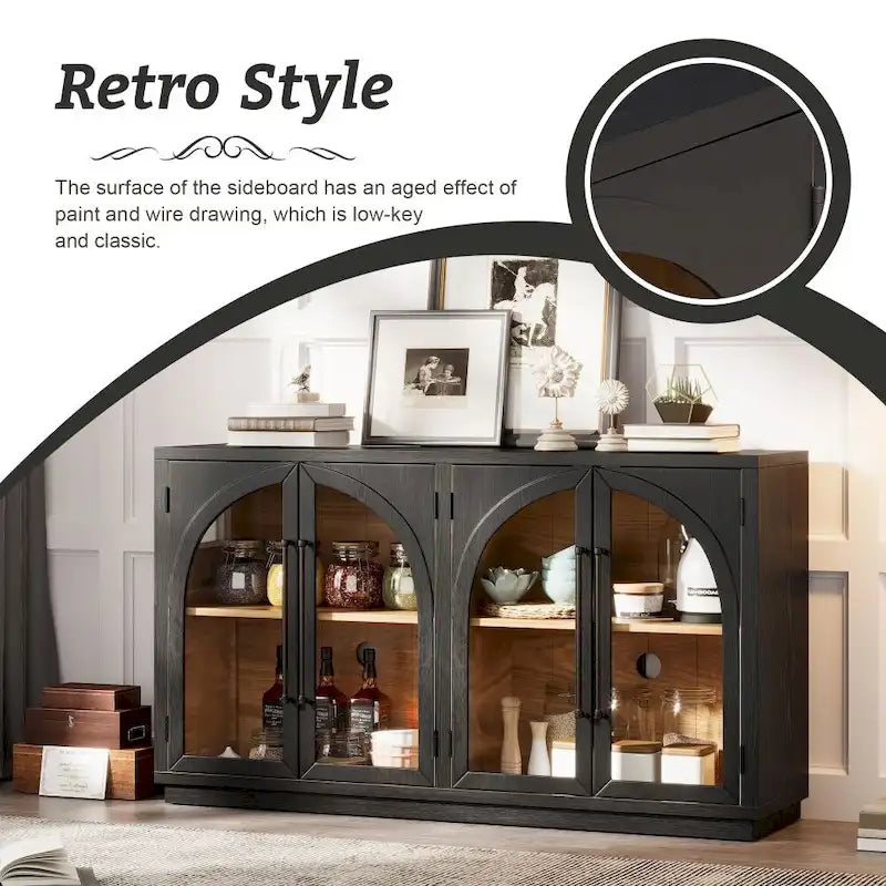 4-Door Large Storage Retro Sideboard with Metal Handles and Adjustable Shelves