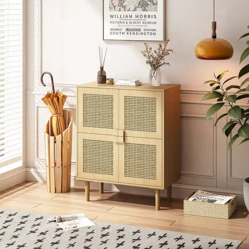 4-Doors Rattan Mesh Storage Cabinet, Sideboard with Eight Storage Spaces, for Entryway, Living Room, Hallway (Natural)