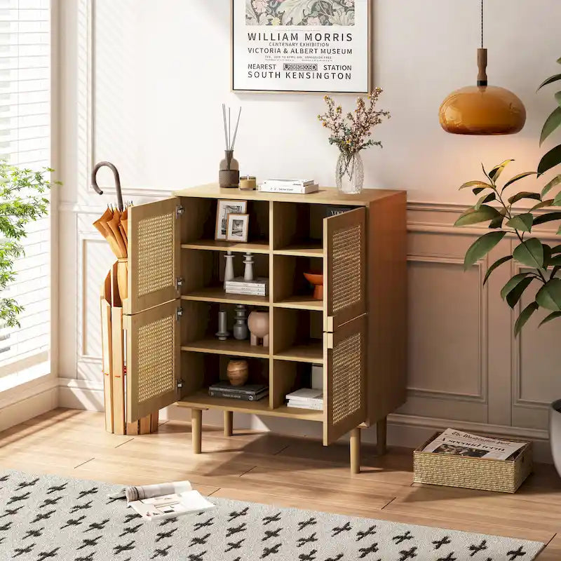 4-Doors Rattan Mesh Storage Cabinet, Sideboard with Eight Storage Spaces, for Entryway, Living Room, Hallway (Natural)