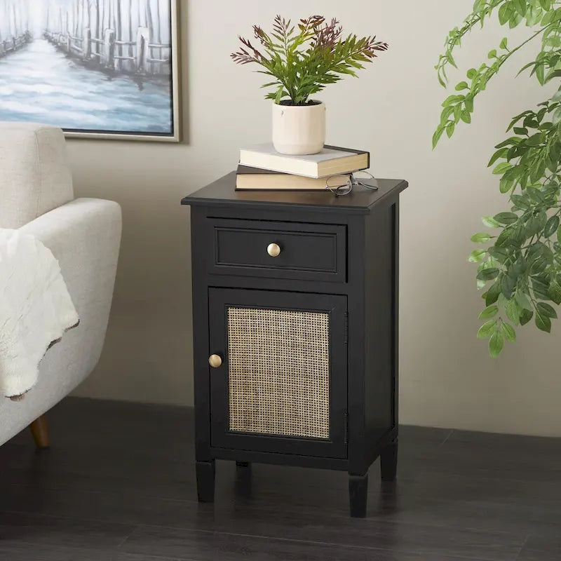 Wood Handmade 1 Drawer and 1 Door Room Cabinet with Rattan Front - Black - Roche River Decor