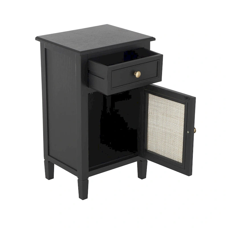 Wood Handmade 1 Drawer and 1 Door Room Cabinet with Rattan Front - Black - Roche River Decor