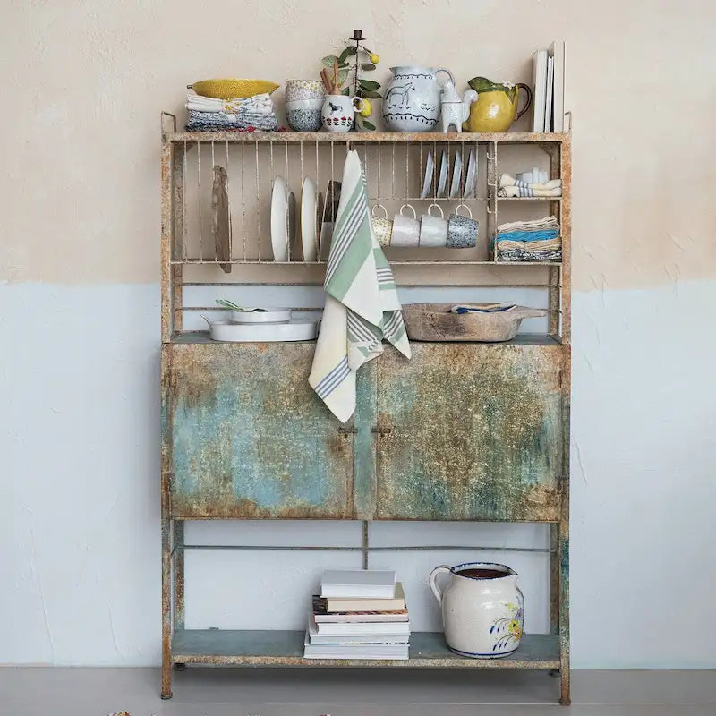 Heavily Distressed Metal Cabinet with Slatted Shelves