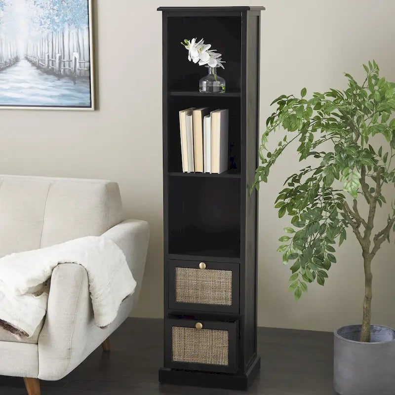 Wood 3 Shelves and 2 Drawers Room Cabinet with Rattan Front - Black - Roche River Decor