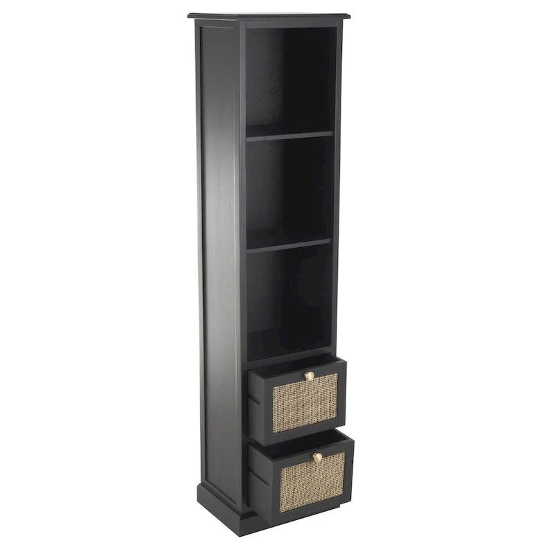 Wood 3 Shelves and 2 Drawers Room Cabinet with Rattan Front - Black - Roche River Decor