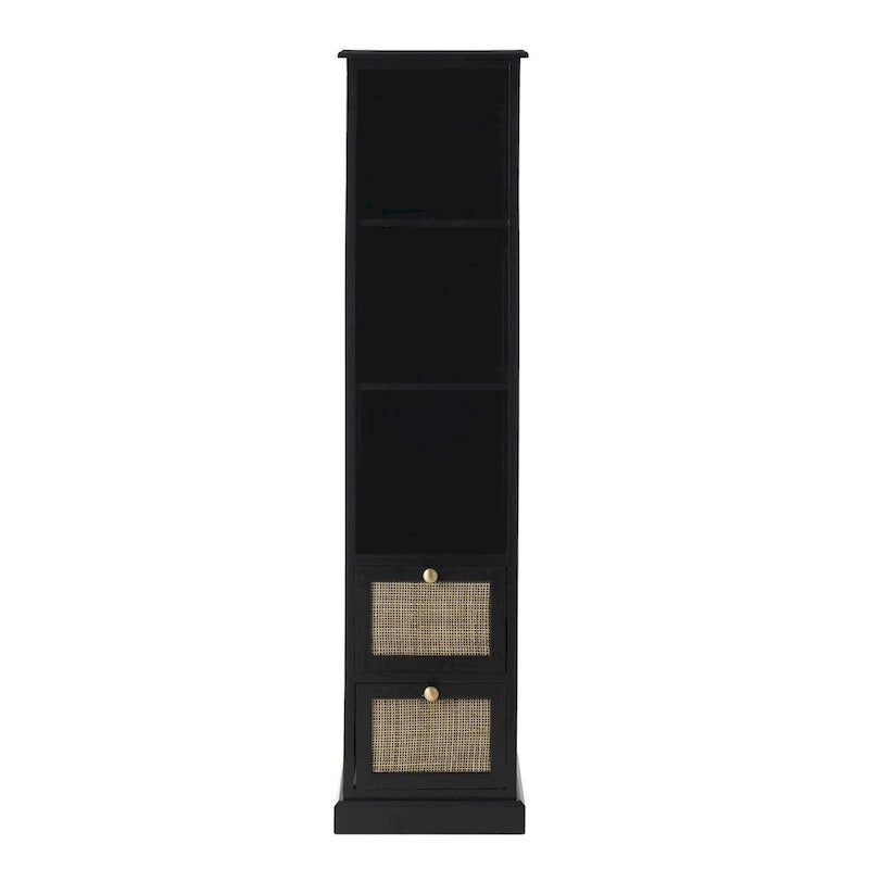 Wood 3 Shelves and 2 Drawers Room Cabinet with Rattan Front - Black - Roche River Decor
