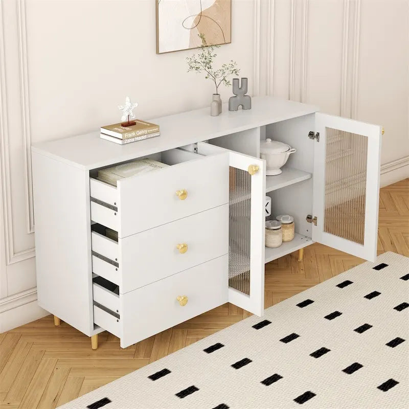 Modern Wood Side Cabinets with Glass Doors and Drawers