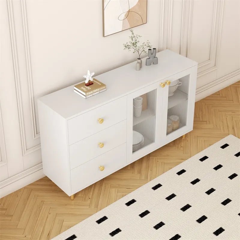 Modern Wood Side Cabinets with Glass Doors and Drawers