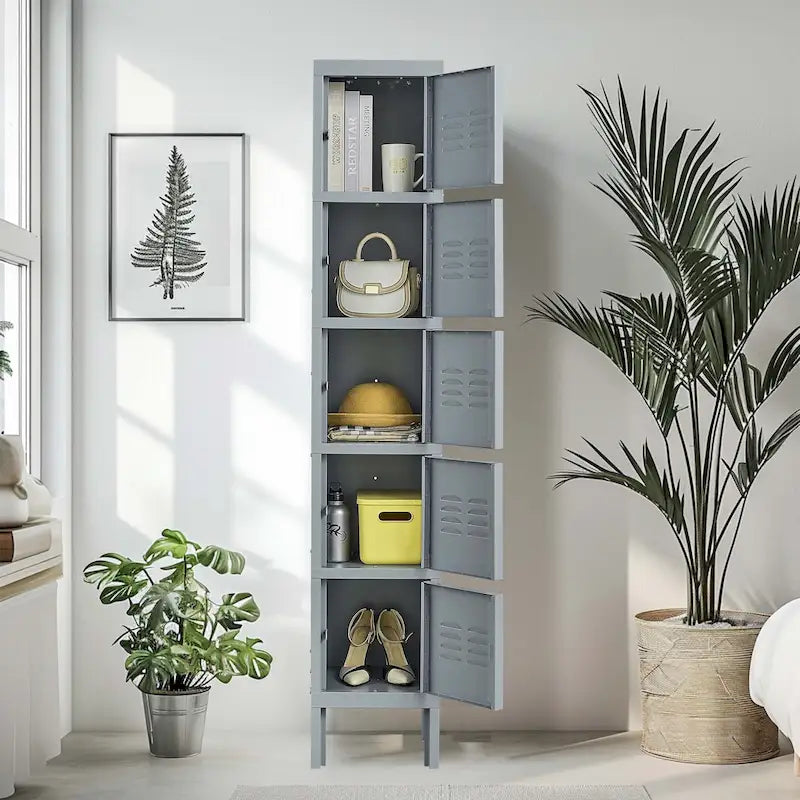 5 Door 66H Metal Lockers With Lock for Employees,Storage Locker Cabinet for Home Gym Office School Garage,Gray