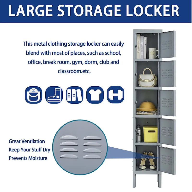 5 Door 66H Metal Lockers With Lock for Employees,Storage Locker Cabinet for Home Gym Office School Garage,Gray
